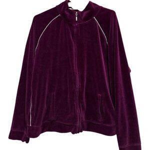 Style Co Velour Track Jacket Women XL Burgundy Full Zip Long Sleeve Cotton Blend